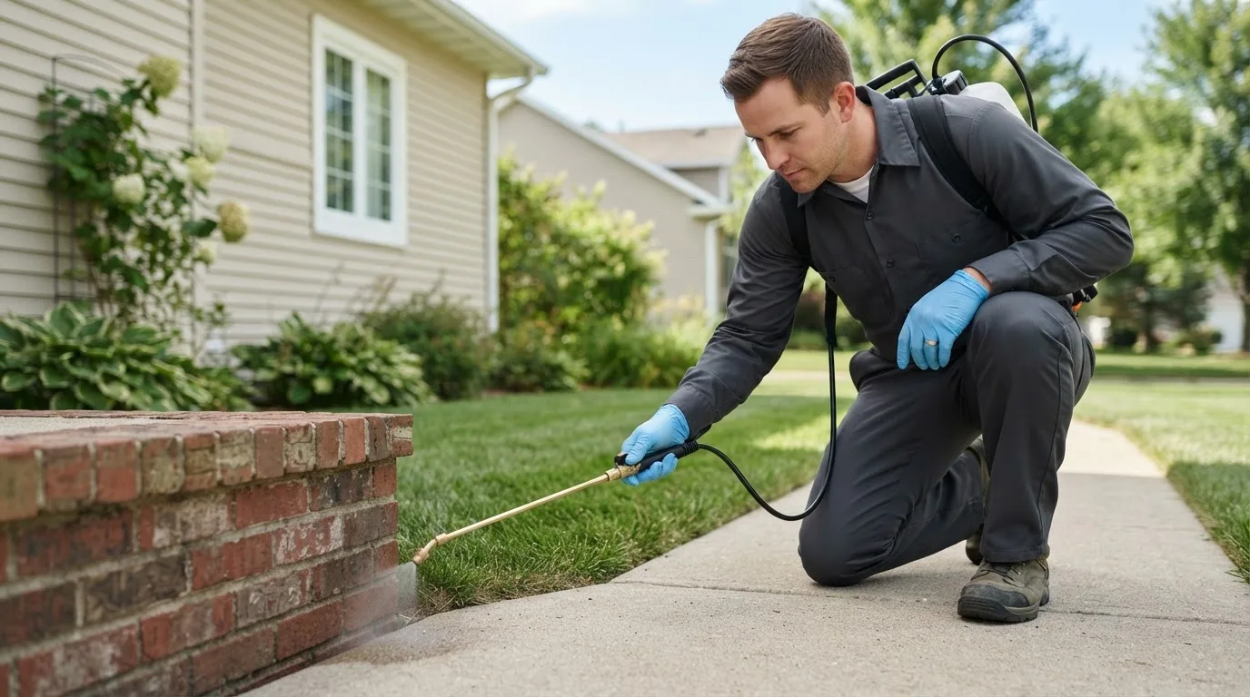 Pest control technician treating a home near Tappahannock, VA